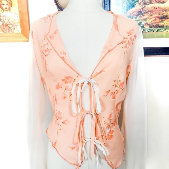 Vintage 1970s Lace Up Tie Front Sheer Flowy Coral Asymmetrical Fairy Blouse - Picture 2 of 7